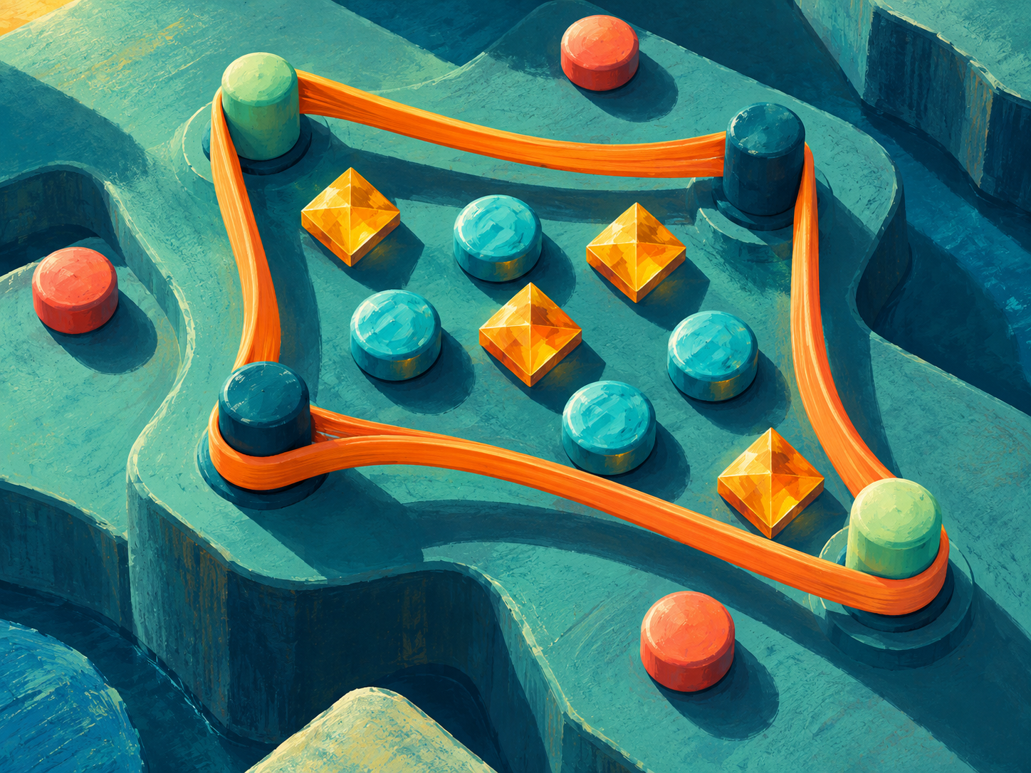 SnapLoop concept illustration of an elastic loop and golden shapes