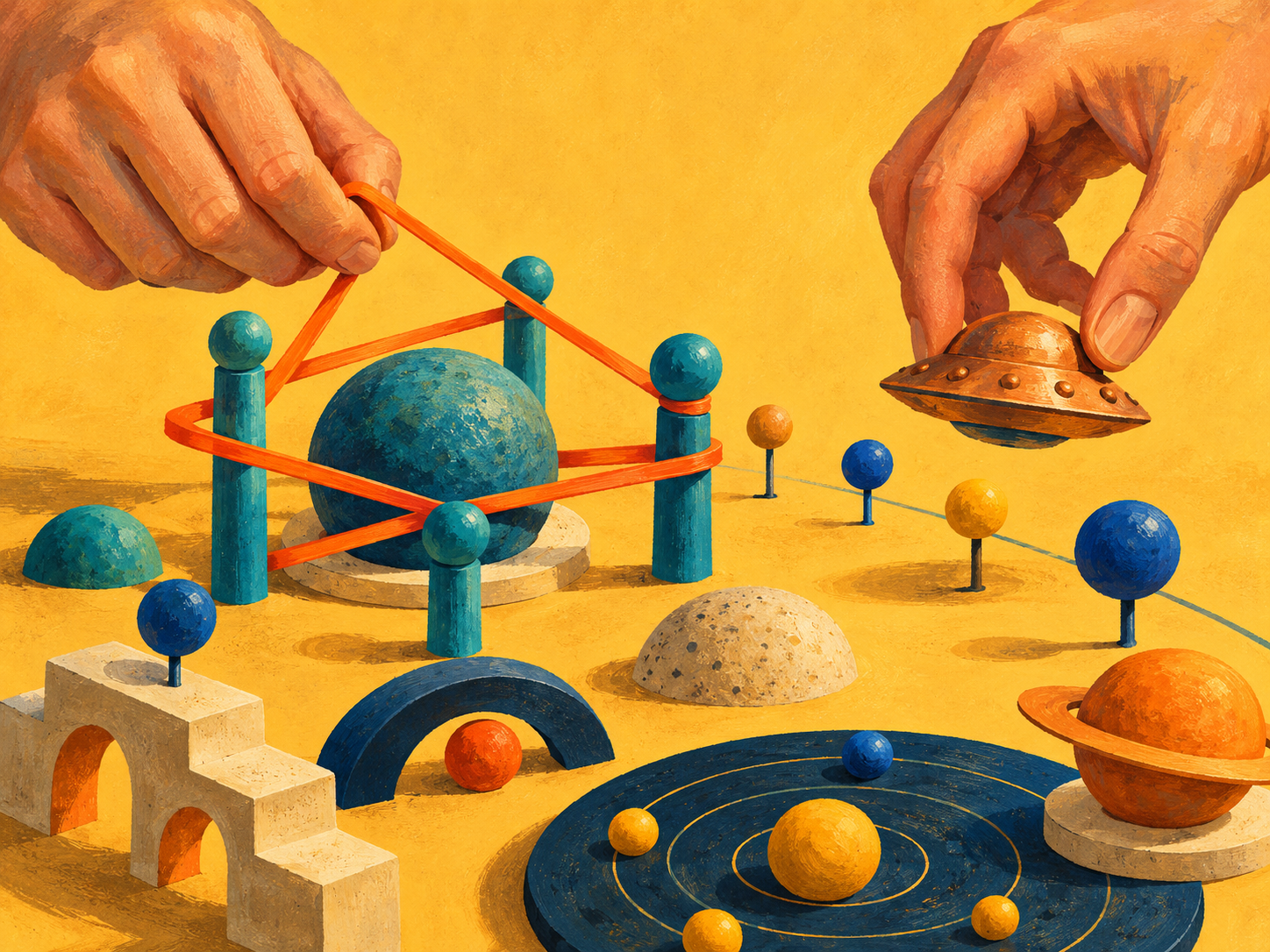 Studio concept illustration of hands shaping a loop and guiding a copper saucer
