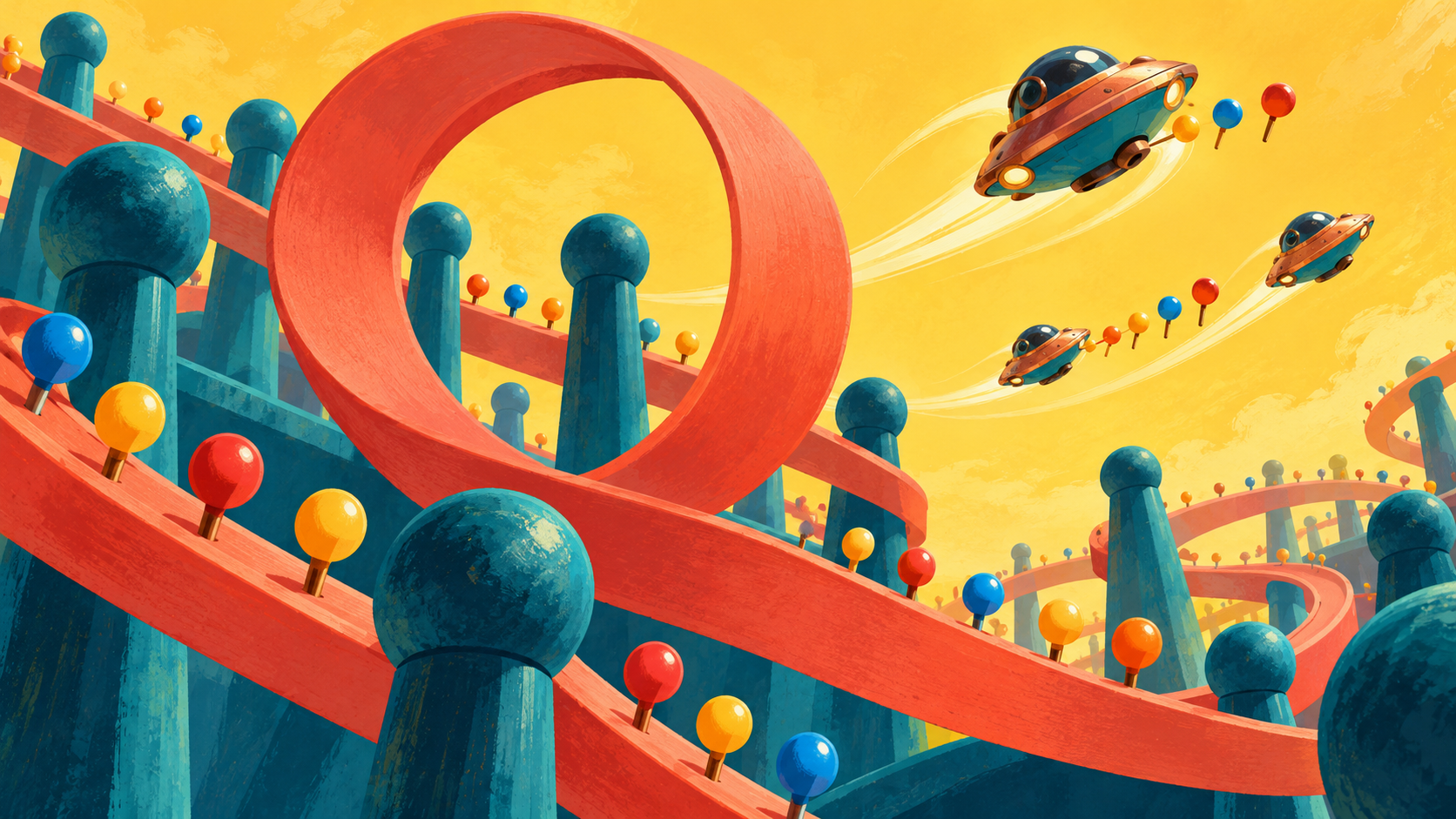 Studio concept illustration of copper saucers flying among loops and colourful pins